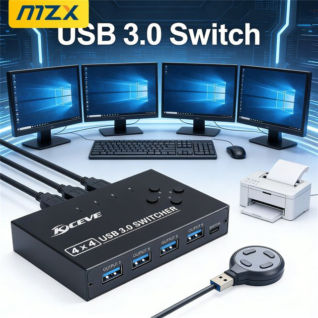 MZX USB 3.0 Switch Selector 4-in-4-out KVM Switcher Hub für 4 Computer zur gemeinsamen Nutzung von 4 USB-Geräten, Schwarz - Bild 1