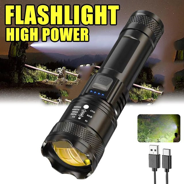 KDULIT Taktische LED-Taschenlampe in Schwarz, wiederaufladbar mit Zoom für Outdoor, Camping und Arbeit - Bild 1