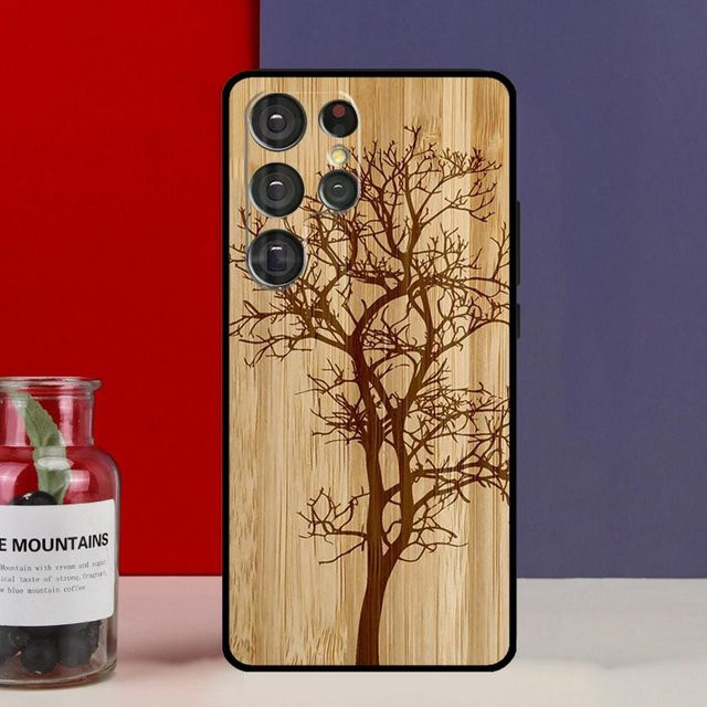 Bambus Holz Handyhülle mit Baum Blüte Design für Samsung Galaxy S25 Ultra S24 Ultra S23 S22 S21 S20 FE S10 S9 in Braun - Bild 1