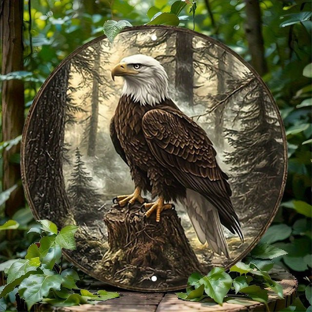 Potdemiel Majestic Bald Eagle Aluminium-Metall-Wandkunst, rundes Schild im rustikalen Wald-Design, Mehrfarbig, Durchmesser: 20 cm - Bild 1