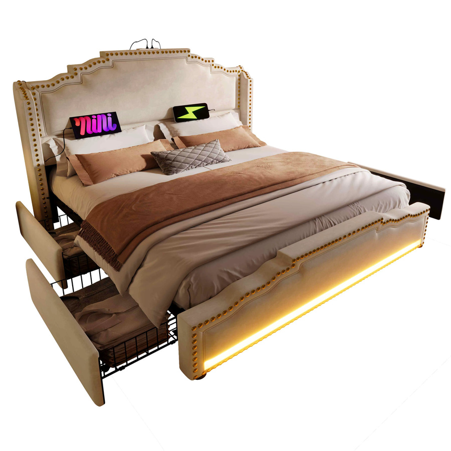 KOMHTOM Samt-Stauraumbett in Beige mit 4 Schubladen, LED-Beleuchtung und USB-C-Ladeanschluss, B/T/H: 140 x 200 cm, ohne Matratze - Bild 2