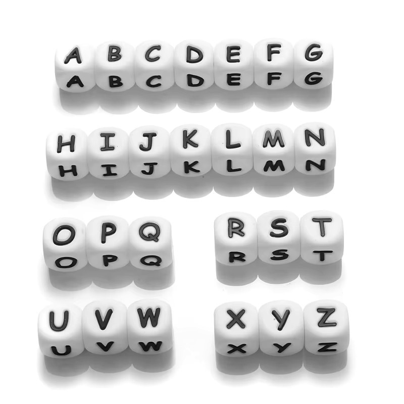 26 Stück Silikon Alphabet Perlen mit englischen Buchstaben in Mehrfarben und Orange, 12 mm Durchmesser, BPA-frei für Schnuller-Clips, Ketten und Beißringe - Bild 4