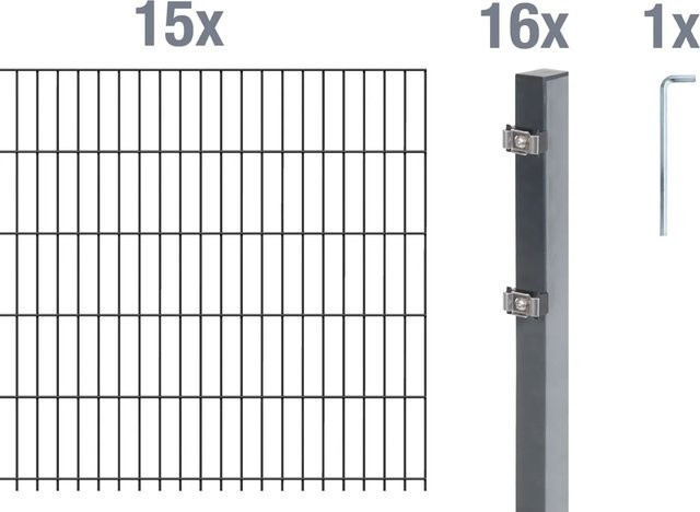 Metallzaun Doppelstabmatte Grund-Set aus Stahl, anthrazit beschichtet, 15 Stück, Höhe: 80 cm, Breite: 200 cm, Tiefe: 50 cm - Bild 1