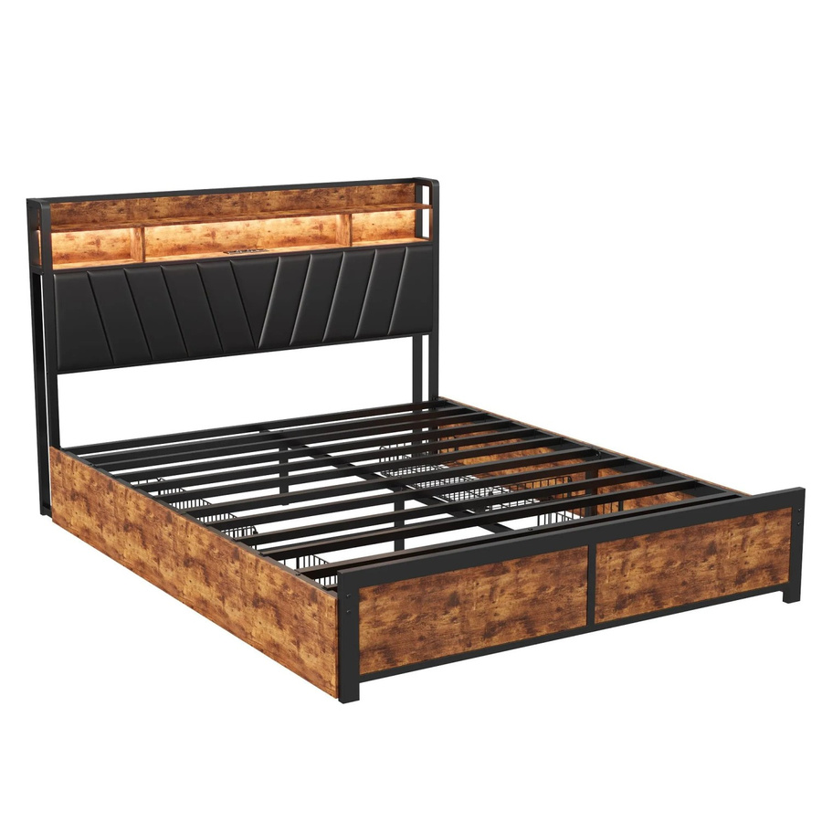 PXloue Doppelbett mit Schubladen, LED-Beleuchtung und USB-Ladestation in Braun und Schwarz, B/T/H: 140 x 200 x 217 cm - Bild 2