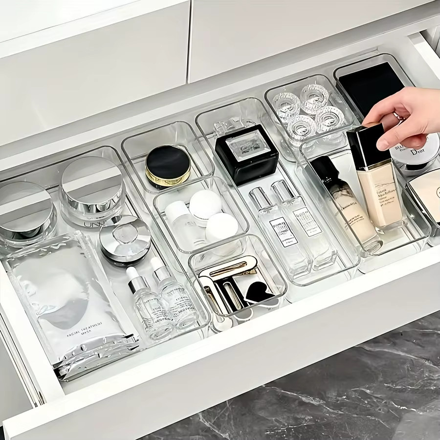 Transparente Kosmetik-Aufbewahrungsboxen aus Kunststoff mit integrierten Schubladen zur Organisation von Kosmetik und Büromaterial - Bild 3