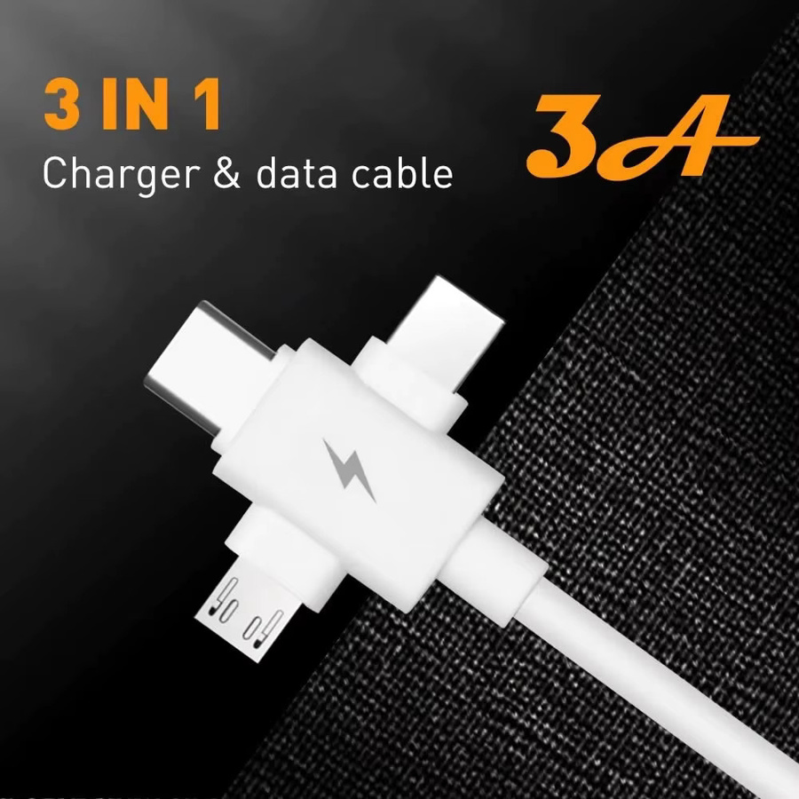 3-in-1 USB Schnelllade-Handy-Datenkabel für Micro-USB, USB-C und Lightning in Weiß, 1,5 m Länge - Bild 3