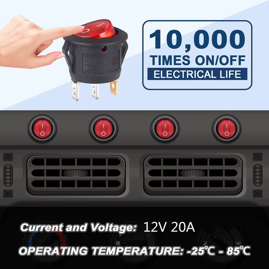 AOKIN 10 Stück runde beleuchtete Wippschalter KCD1, 3-polig, Ein-Aus, rotes Licht, 125V 10A / 250V 6A - Bild 5