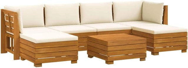 vidaXL Outdoor-Sofagarnitur aus Akazie Massivholz in Braun mit 7 Teilen und cremeweißen Kissen im L-Shape Design - Bild 1