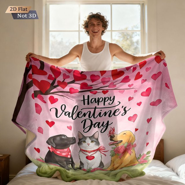 Romantische Flanelldecke mit Liebeshund-Aufdruck in Pink, maschinenwaschbar - Bild 1
