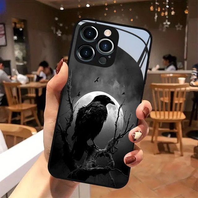 Schutzhülle mit schwarzem Nachtraben-Muster für Apple iPhone 11 bis iPhone 17 Pro Max, sturzsicherer Schutz, Farbe: Schwarz - Bild 1