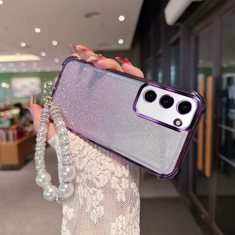 Stoßfeste TPU-Handyhülle mit Gradient Glitter und luxuriösem Perlenketten-Handschlaufenband für Samsung Galaxy S23 Plus FE Ultra in Pink - Bild 2