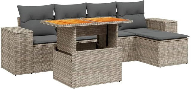 vidaXL 6-teilige Garten-Sofagarnitur in L-Form aus grauem Poly-Rattan mit Kissen und pulverbeschichtetem Stahlrahmen - Bild 1