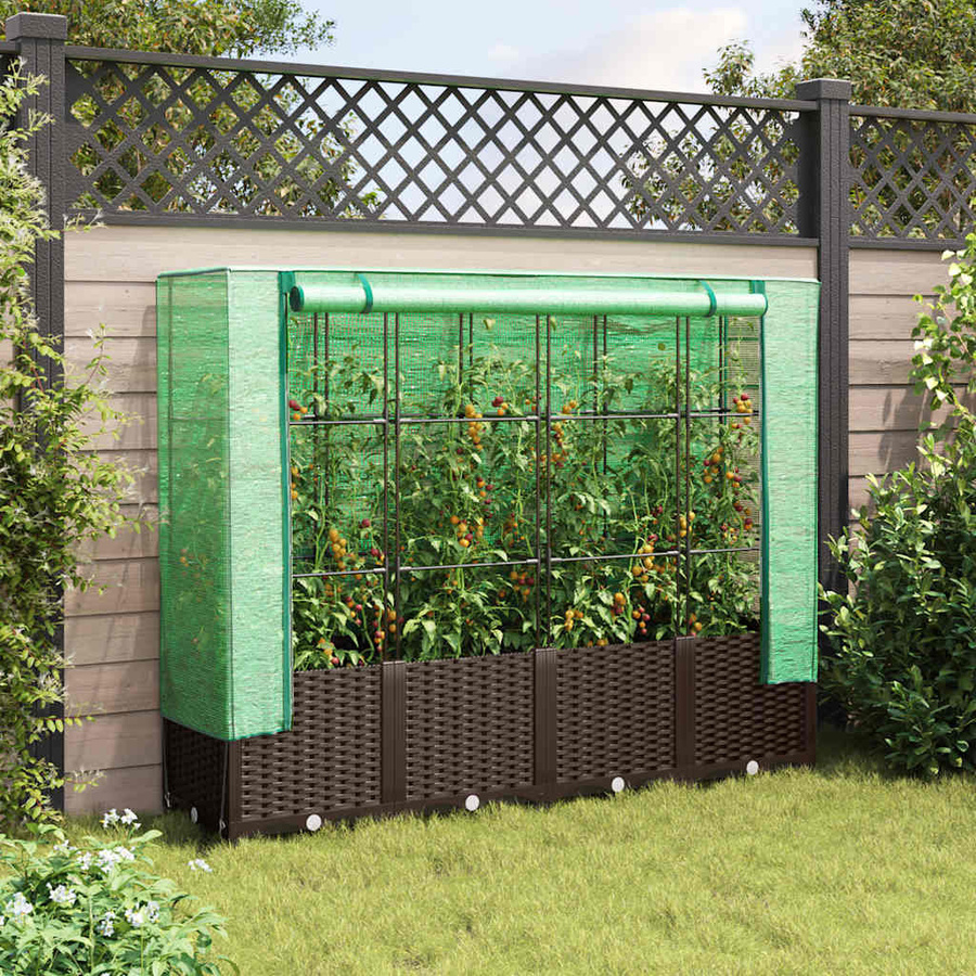 vidaXL Hochbeet mit Gewächshaus-Aufsatz in Rattan-Optik, Braun, B/T/H: 160 x 40 x 138 cm - Bild 3