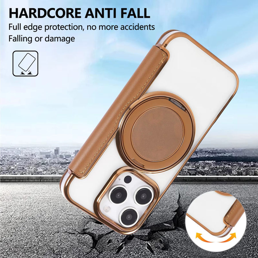 Magnetische Ledertasche mit 360 Grad drehbarem Ständer und LED-Funktion als Flip-Cover für iPhone 12 bis iPhone 17 Air in Pink und Braun - Bild 3