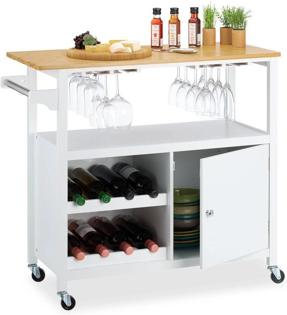 Relaxdays Küchenwagen aus MDF und Bambus in Weiß mit Weinregal und Gläserhalter, B/T/H: 83 x 40 x 92 cm - Bild 1