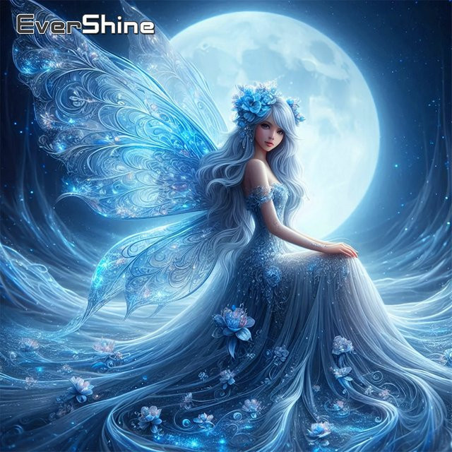 EverShine Diamant-Mosaik DIY Stickerei Frauenporträt mit Flügeln und Mond in Blau, B/H: 20 x 20 cm - Bild 1
