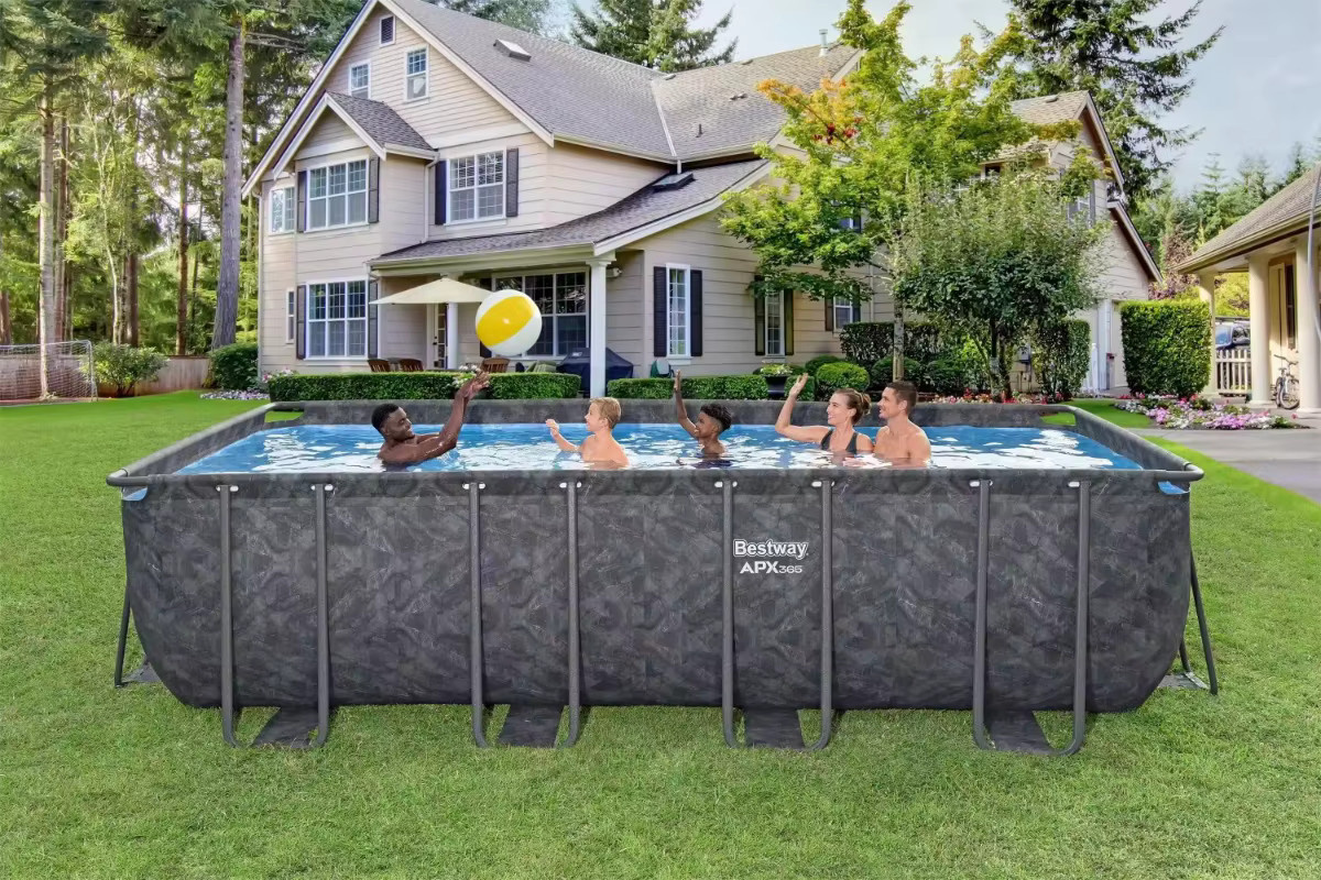 Rechteckiges Kinder-Aufstellpool-Set aus PVC in Grau, B/T/H: 5,49 x 2,74 x 1,32 m - Bild 2