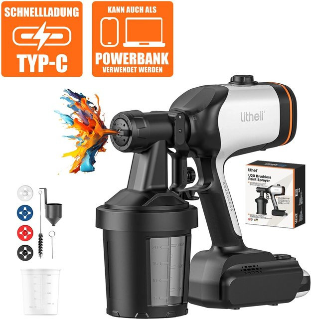 Litheli U20 Akku-Farbsprühgerät 20V mit 4.0Ah Akku, HVLP-Technologie mit einstellbarem Sprühmuster und variablem Durchfluss, inkl. abnehmbarem Behälter, Schwarz-Weiß - Bild 1