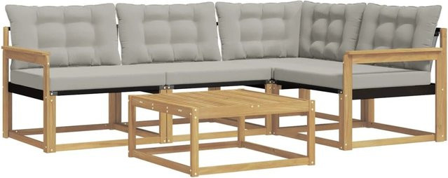 vidaXL Outdoor-Sofagarnitur aus Akazienholz in L-Form mit 5 Teilen, Weiß und Grau, inklusive Polster und Couchtisch, B/T/H: 79 x 79 x 37 cm - Bild 1