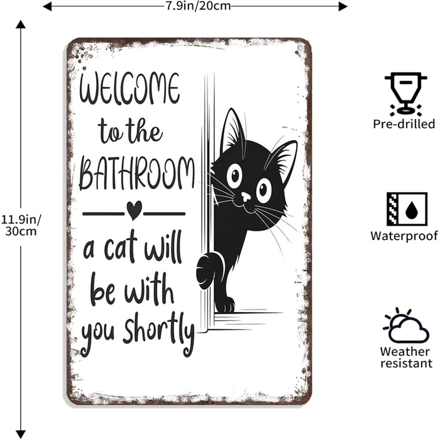 CIFBUY Welcome To The Bathroom Lustiges Katzen-Metallschild in Schwarz und Weiß, B/H: 30,5 x 20,3 cm, Vintage-Retro Badezimmerdekoration - Bild 2