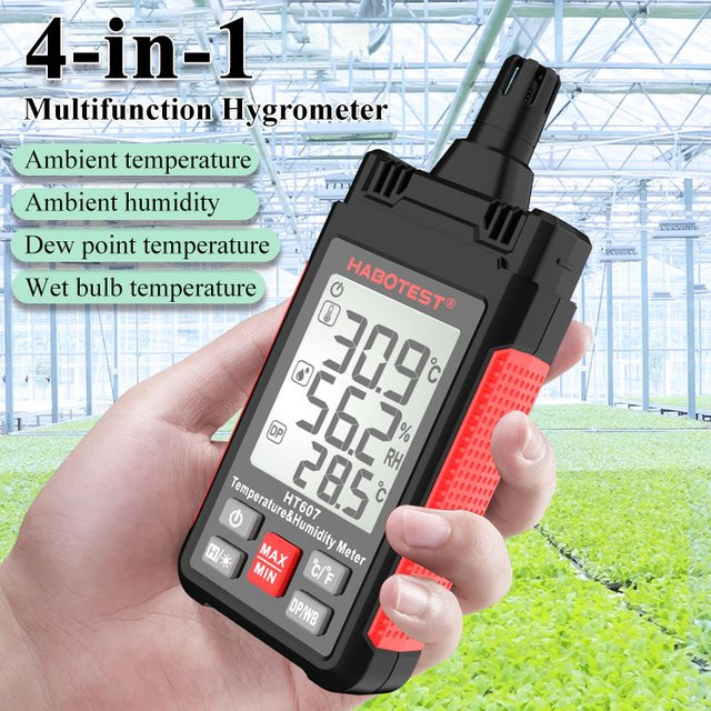 HABOTEST HT607 Digitales Psychrometer Thermometer Hygrometer mit Hintergrundbeleuchtung in Schwarz zur Messung von Temperatur, Luftfeuchtigkeit und Taupunkt - Bild 1