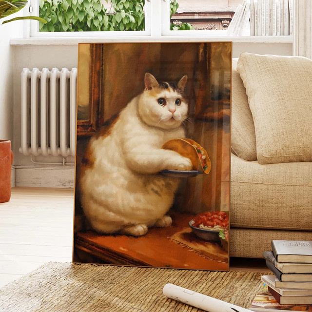 Vintage Wandposter SHENCHEN mit lustiger Katze und Tacos in Mehrfarbig - Bild 1