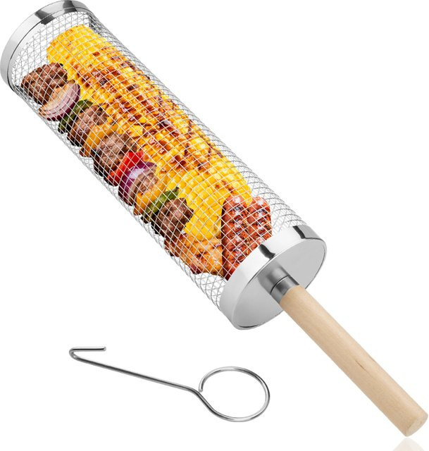 Rollbare Grillkörbe für den Outdoor-Grill mit abnehmbarem Holzgriff in Silber - Bild 1