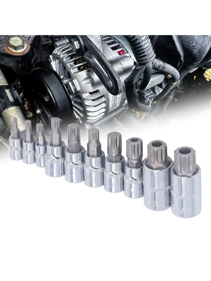 Dreifach-Spline-Bit-Steckschlüsselsatz M4 mit 1/4 Zoll, 3/8 Zoll und 1/2 Zoll Antrieb inklusive Aufbewahrungsbox in Silber - Bild 4