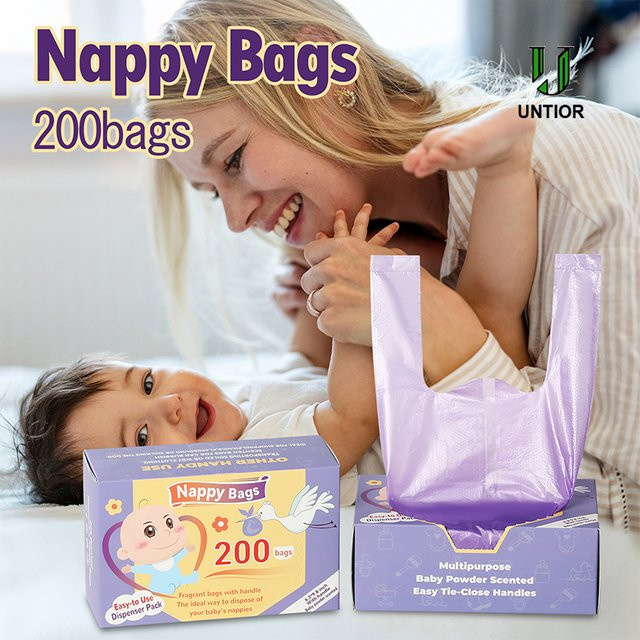 UNTIOR Einweg-Wickeltaschen für Babys, 100 Stück, duftende Wickelsäcke mit Bindegriff zur Entsorgung von Windeln - Bild 1