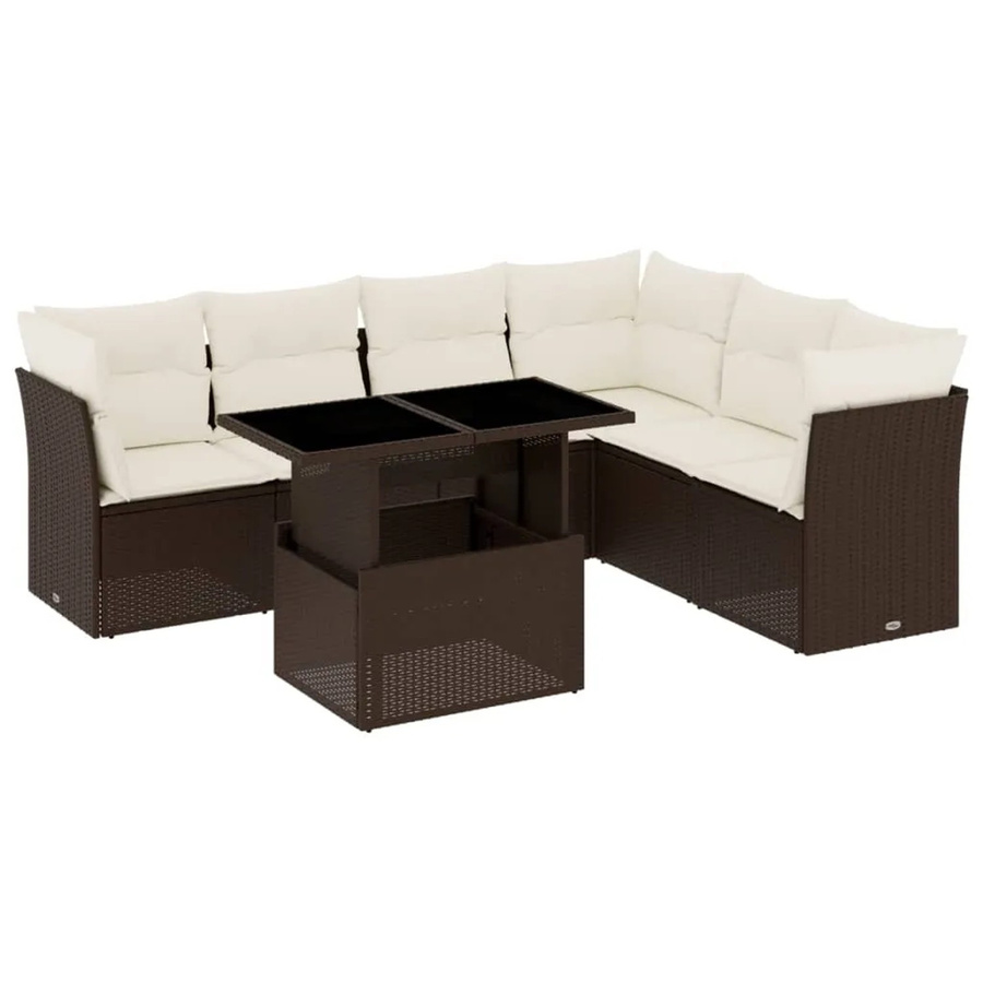 vidaXL 7-teilige Garten-Sofagarnitur in L-Form aus braunem PE-Rattan mit cremeweißen Kissen und Gartentisch - Bild 2
