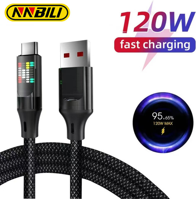 NNBILI 120 W Schnellladekabel USB-A auf USB-C mit LED-Anzeige, 6 A Datenkabel aus Nylon, Schwarz - Bild 1