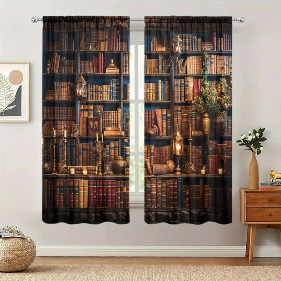 2er-Set bedruckte Vorhänge mit mittelalterlichem Bücherregal-Motiv von Household supplies MH, halbtransparent, mehrfarbig, B: 52,5 cm, H: 116 cm - Bild 2