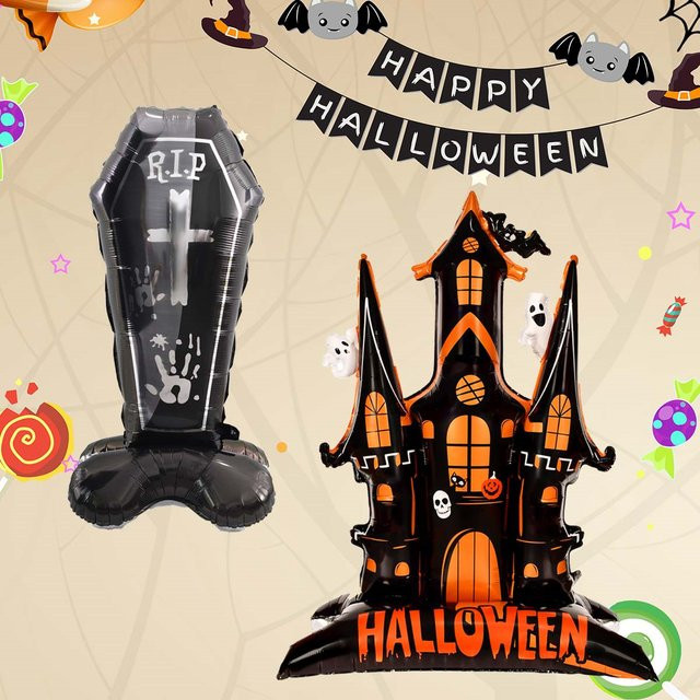 EACH PARTY Halloween Dekoration Turm in Grabsteinform mit Folienballons, 152,4 cm Höhe - Bild 1