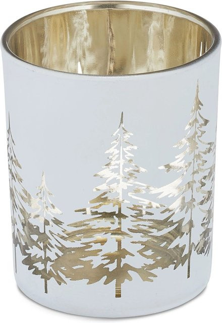 Relaxdays Teelichthalter 12er Set aus Glas in Weiß und Gold mit Waldmotiv, Höhe: 8,5 cm, Durchmesser: 7 cm - Bild 1