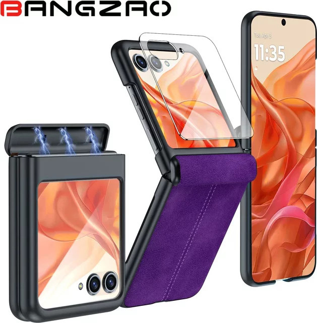 BANGZAO Lederhülle für Motorola Razr 50 60 70 mit Scharnierschutz und integriertem Displayschutz, stoßfeste Abdeckung, Lila - Bild 1