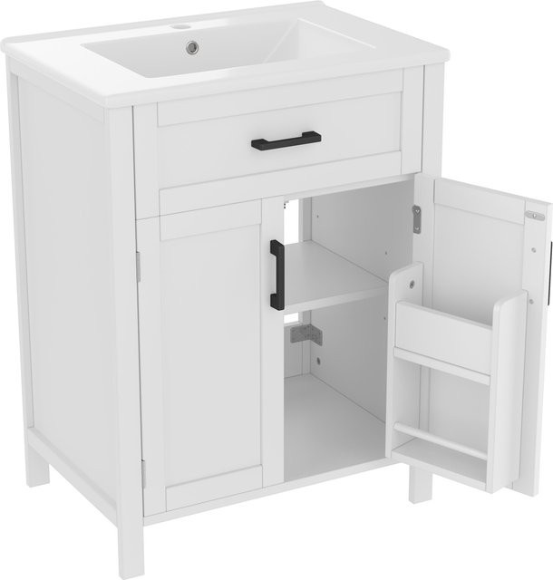 NK Space Freistehender Badezimmerschrank mit Waschbecken in Weiß, modern mit Doppeltüren und Regalen, B/T/H: 60 x 46 x 84,8 cm - Bild 1