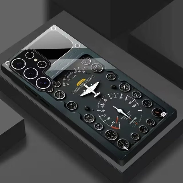 Handyhülle aus gehärtetem Glas mit Flugzeug-Bedienfeld-Muster für Samsung Galaxy S25 Ultra, S24 FE, S23 Plus, S23 Ultra und S23 FE in Schwarz - Bild 1