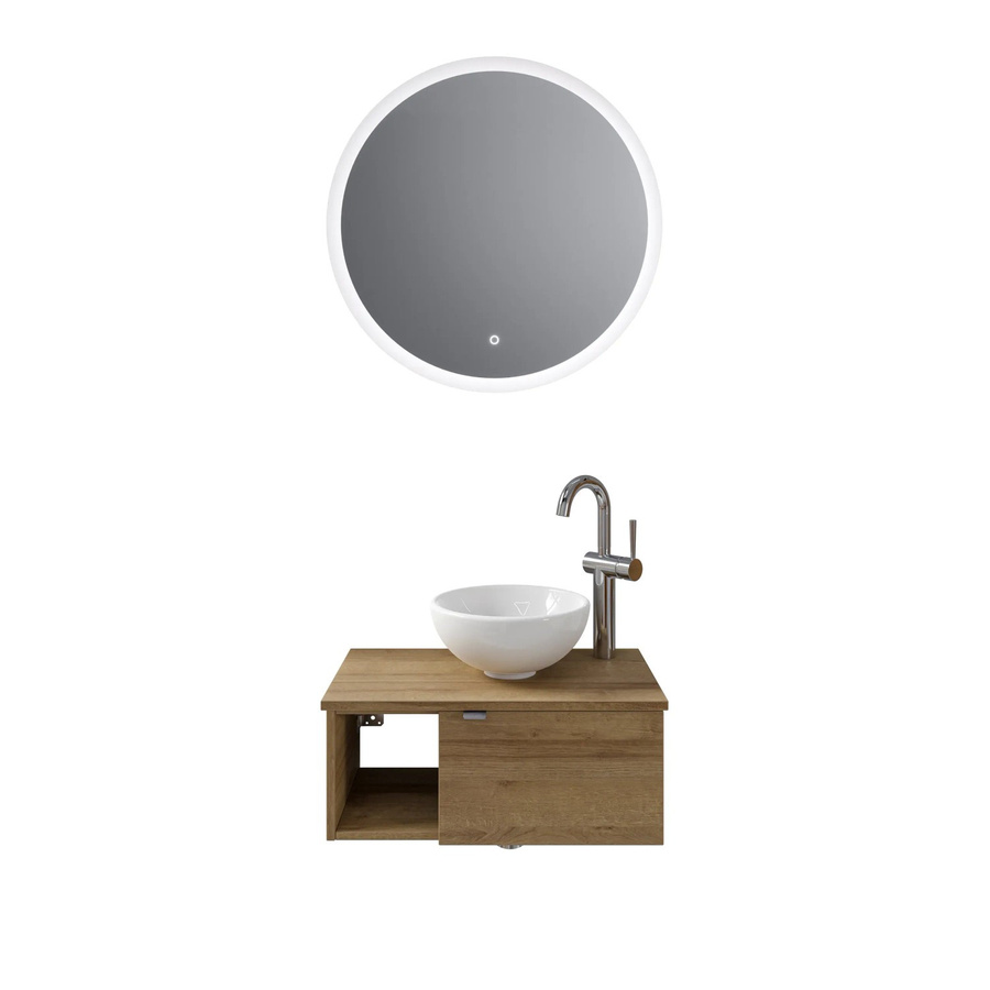 Pelipal Badmöbel-Set Serie 6915 Riviera Eiche mit Keramik Aufsatzbecken, Waschtischunterschrank und Funktionsspiegel mit LED-Beleuchtung und Sensor-Schalter, Braun - Bild 2