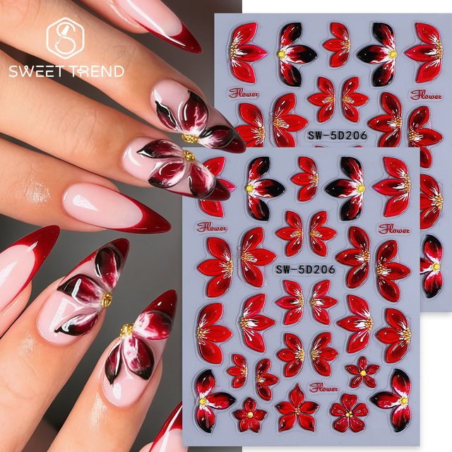 SWEET TREND Prägefolien für Nägel, Rote Blütenblatt-Designs, 2 Stück - Bild 1