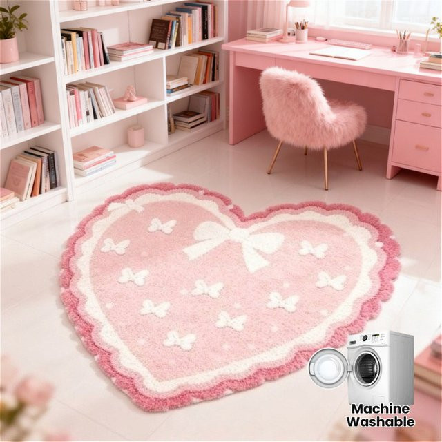 VIKAMA Herzförmiger Plüschteppich mit Schleife in Rosa für dein Schlafzimmer - Bild 1
