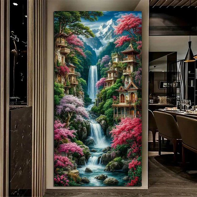 Fullcang Diamond Painting DIY Set Mountain Castle Wasserfall Landschaft mit runden Bohrern als Mosaik Stickerei Bild - Bild 1