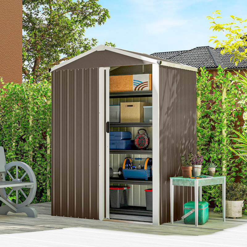 Outsunny Metall Gerätehaus Braun, wetterfester Geräteschuppen aus verzinktem Stahl mit Satteldach und abschließbarer Schiebetür, B/T/H: 136 x 87 x 179 cm - Bild 2