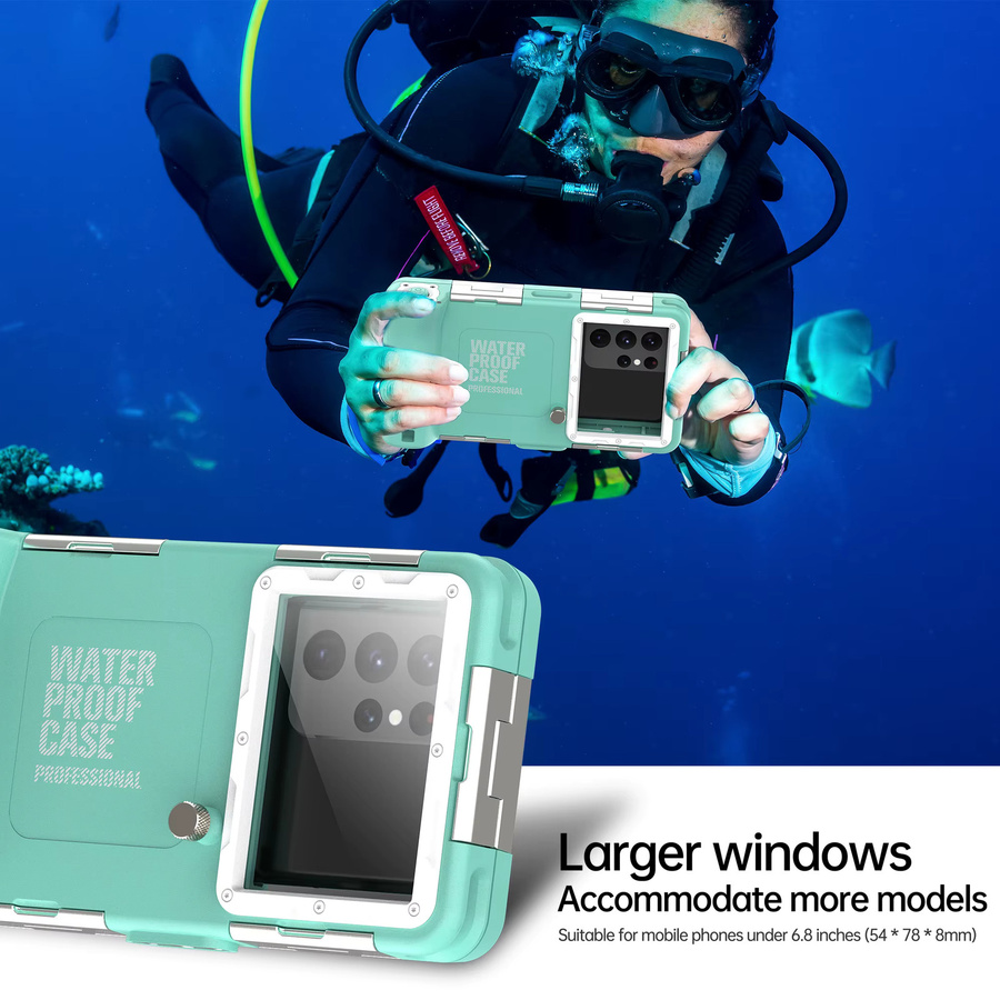 Shellbox Wasserdichte Bluetooth Handyhülle IP68 für 6,9 Zoll Smartphones wie iPhone, Samsung, Xiaomi und Google in Gelb, Schwarz oder Türkis mit 15 m Kabel - Bild 2