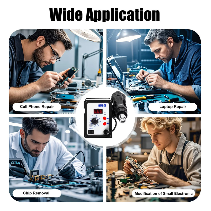 Heißluftpistole 858D mit bürstenlosem Lüfter, 700 W Nacharbeitslötstation für SMD-Schweißreparaturen, Schwarz - Bild 5