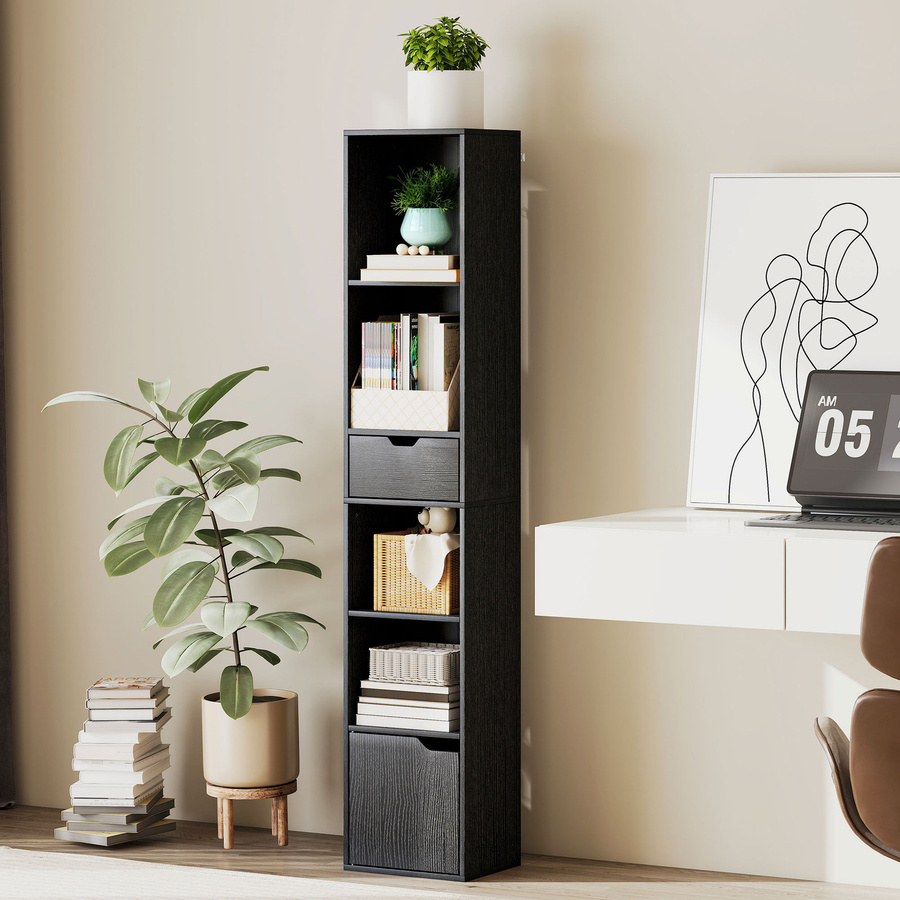 HOMCOM 6-stufiges Vertikalregal mit Schrank und Schublade, Schwarz, B/T/H: 30 x 24 x 158 cm - Bild 2