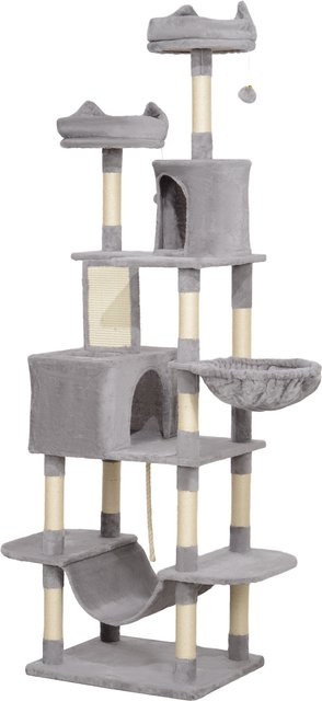 PawHut Kratzbaum für 1-3 Katzen in Hellgrau mit 4 Sisal-Kratzsäulen, Höhlen, Hängematten und Spielzeug, Höhe: 206 cm - Bild 1
