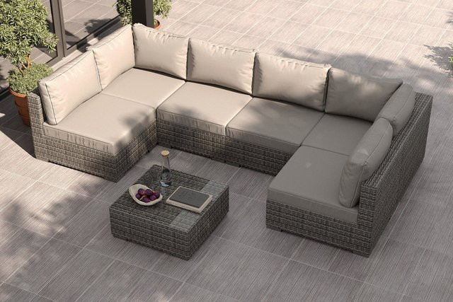 OUTFLEXX Tiago Gartenlounge für 6 Personen in U-Form, grau, wetterfestes Polster-Set mit Metallgestell und Couchtisch - Bild 1