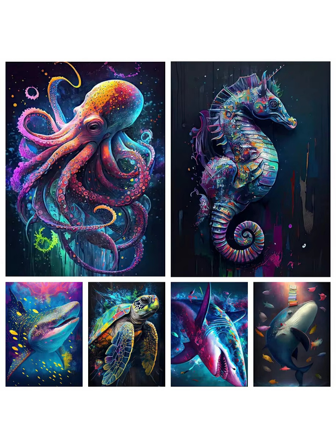YUTTEE DIY Diamantmalerei Mosaik Stickerei Set Ozean Wildleben mit Hai, Seepferdchen, Oktopus und Schildkröte, Wandkunst, Multicolor, Durchmesser: 30 cm - Bild 3