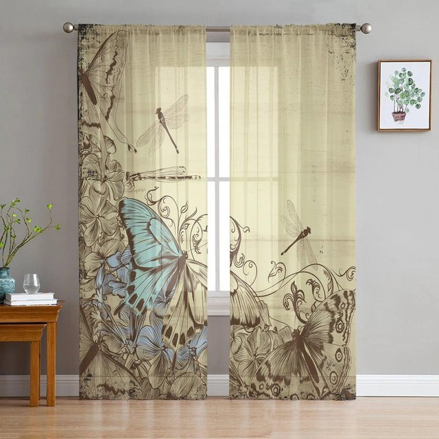 Transparenter Tüllvorhang von A Family Of Home Textiles mit Frühlingsblumen und Schmetterlingen in Rosa, Breite: 135 cm, Höhe: 114 cm - Bild 1