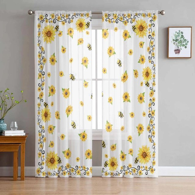 Yiran Furniture Transparenter Tüll-Vorhang mit Blumenmuster in Weiß, B: 135 cm, H: 115 cm - Bild 1